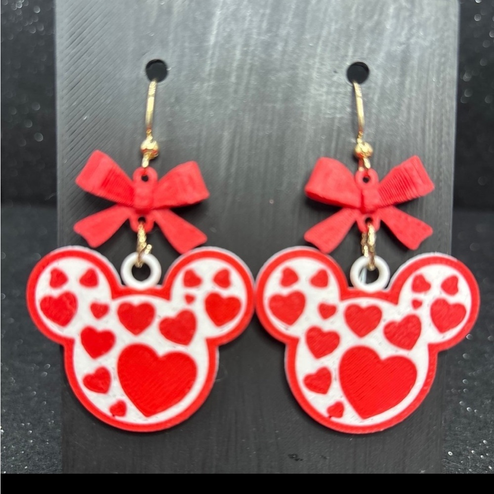 Mouse Heart Earrings
with Red Bows